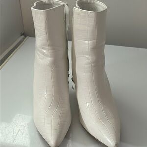 White Croc-Embossed Ankle Boots